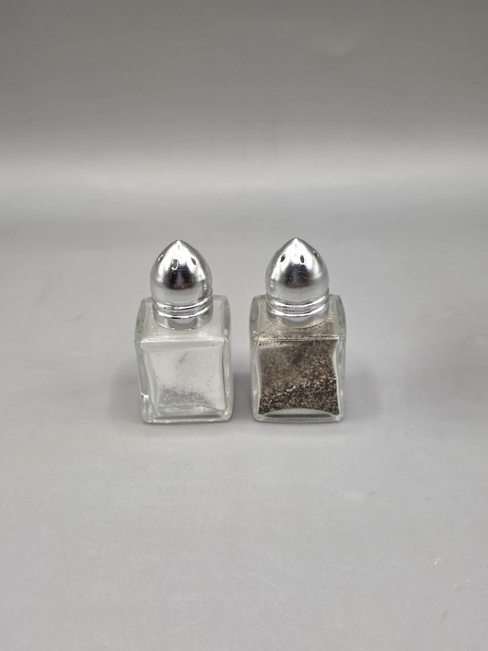 Vintage Taiwan Clear Glass Square Mini Salt and Pepper Shakers Chrome Tops